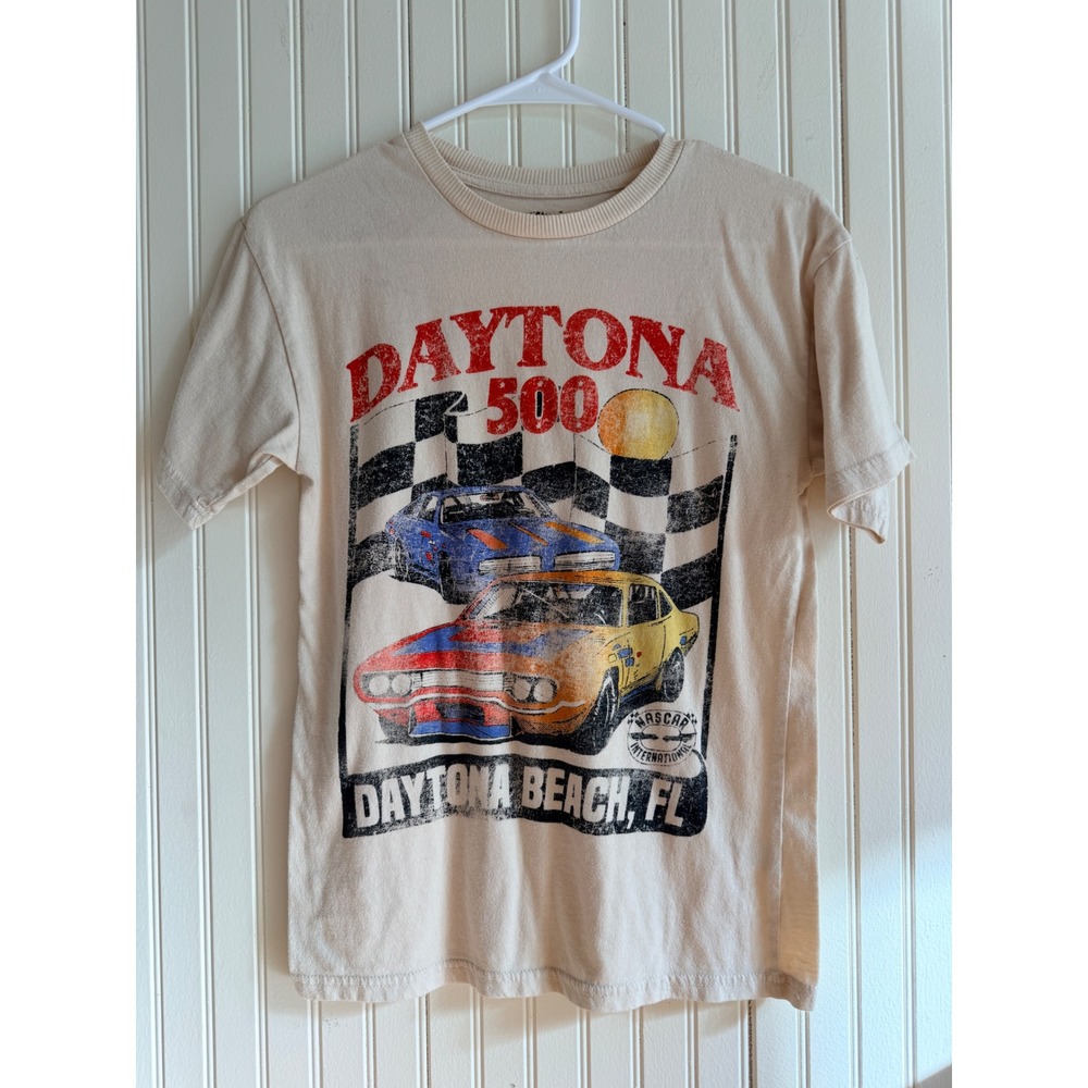 NASCAR Daytona 500 Graphic T-Shirt Tan Vintage Style Race Car Tee XS